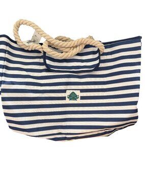 Power of Satshri Blue White Striped Canvas Tote Beach Bag Waterproof Pouch NWT